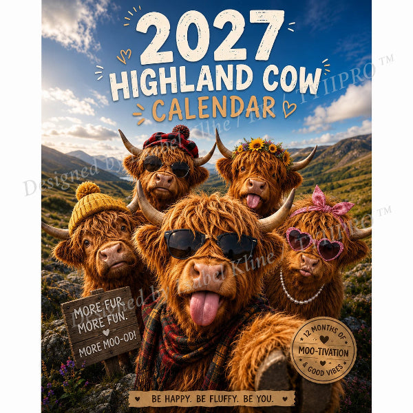 🐮📅 2027-es Highlandko fali naptár – 12 bájos illusztráció, prémium A4-es kivitel, tökéletes ajándék állatbarátoknak! 🌿✨