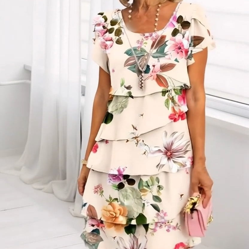 📿Ingyenes rózsa nyaklánc👗🌸 Réteges, magas derekú rövid ujjú ruha – Prémium kevert anyag, lélegző, gyűrődésálló, S–5XL-ig! ✨💃