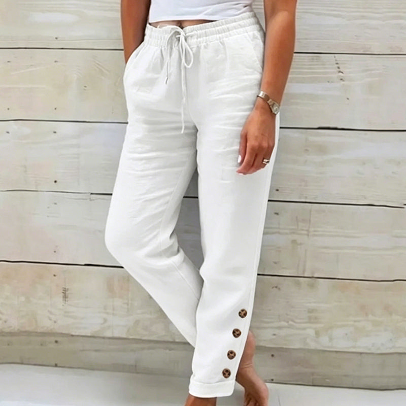 👖 Lélegző női nadrág húzózsinóros derékkal🌿 Stílusos oldalsó gombok + laza szabás!