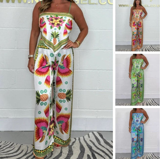 🎁Ingyenes ajándék -📿Gyönyörű nyaklánc💃 Spagetti pántos nyomtatott kétrészes szett🌿 Pamut-spandex női öltöny szett – Ujjatlan felső és hosszú nadrág, kényelmes mindennapi viselet!