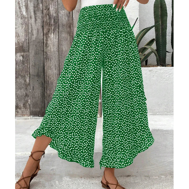 🎁Ingyenes ajándék-📿Gyönyörű nyaklánc💥50% árcsökkentés🌴Ruffle szegélyes trópusi nadrág🌺Pöttyös széles szárú női nadrág – Magas smockos derék, légáteresztő nyári kényelem!