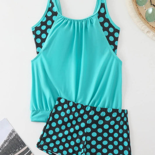 🥇👍Kiváló minőség, sok pozitív értékelés👙🌸 Pöttyös color-block kétrészes fürdőruha – Vidám stílus, finom ráncok, M–3XL-ig! 🌊✨