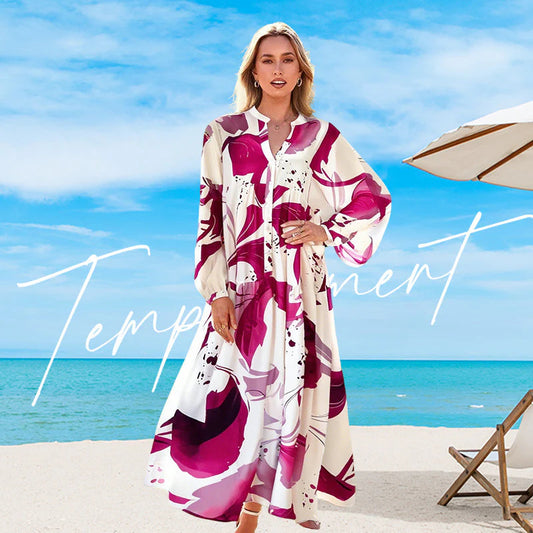 🎁Ingyenes ajándék🌸 Virágmintás maxi ruha✨ V-nyakú rétegelt ruha – Strandról estélyi eseményeken is tökéletes!