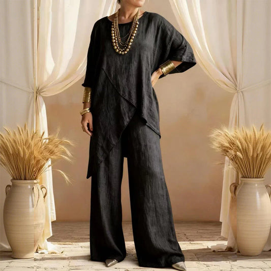 📿Ingyenes gyönyörű nyaklánc🌿 Könnyű széles szárú outfit✨ Aszimmetrikus kétrészes szett – Laza szabás és modern stílus!