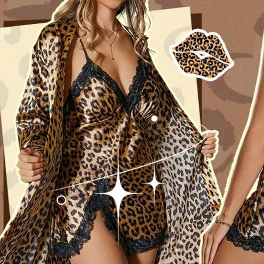 🐆Leopárdmintás Hálóruha Szett – Puha Poliészter + Köntös+Hálóing!