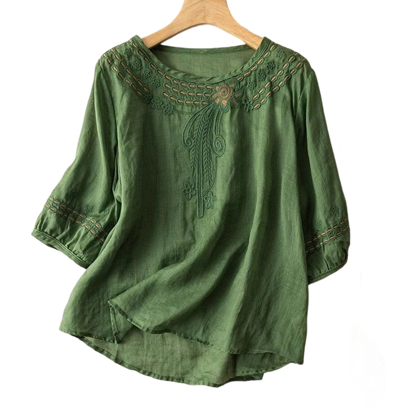 📿Ingyenes gyönyörű nyaklánc🌸 Gyönyörű hímzés és kivágások – Elegáns környakkivágás, laza lengő szabás – 👚Lélegző pamut-len keverék!