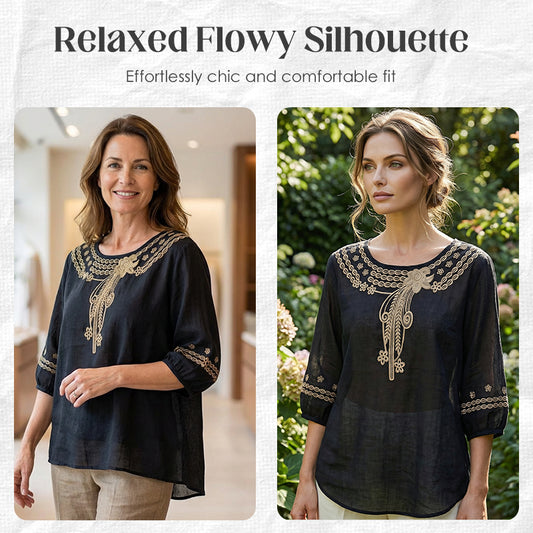 📿Ingyenes gyönyörű nyaklánc🌸 Gyönyörű hímzés és kivágások – Elegáns környakkivágás, laza lengő szabás – 👚Lélegző pamut-len keverék!
