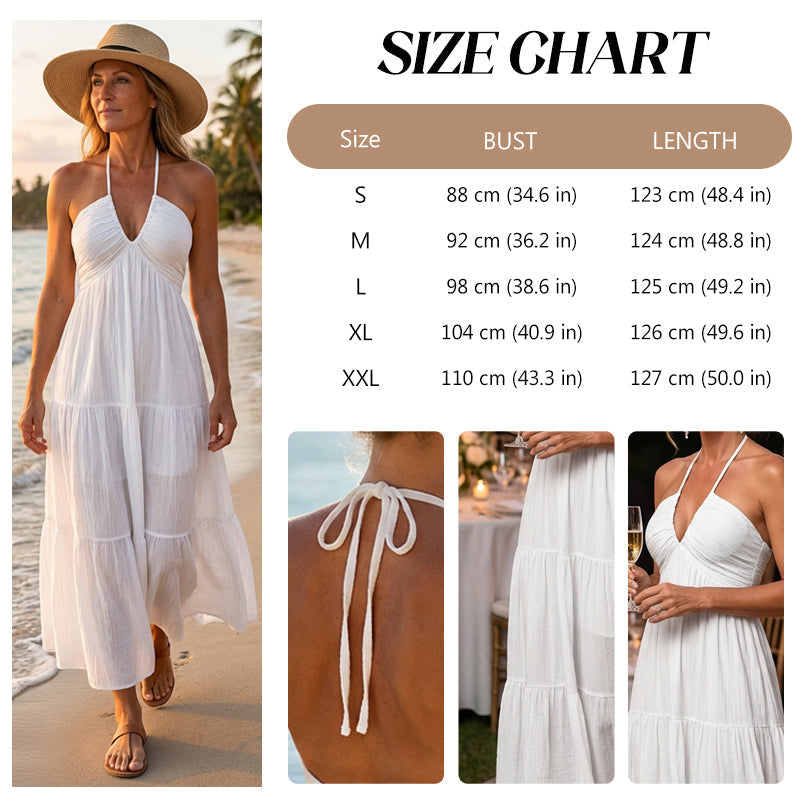 🎉50% árcsökkentés☀️ Könnyű nyári öltözet✨ Halter nyakú réteges ruha – Empire derékkal, hátul kötve, bohém és elegáns!