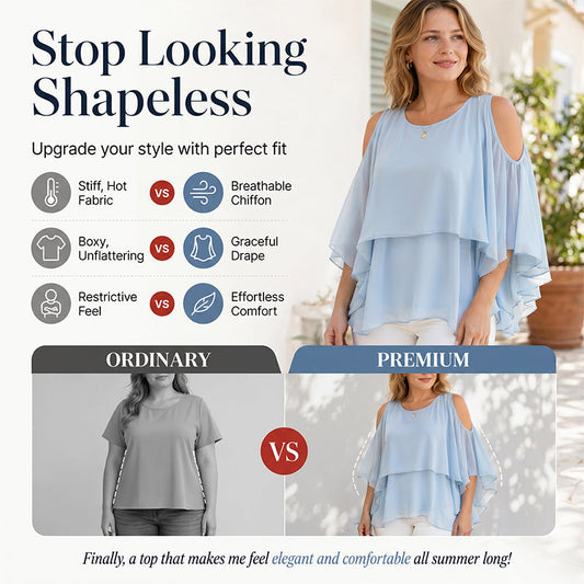 👗🌸 Chiffon poncho cold-shoulder felső – Cold-shoulder kivágás, folyós szabás, S–3XL-ig, 5 színben! ✨💫