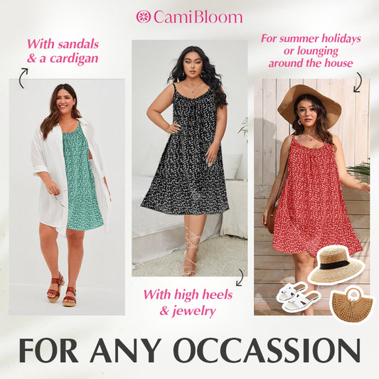 🎁Ingyenes ajándék -📿Gyönyörű nyaklánc🌿 Térdig érő laza camisole ruha🌸 CamiBloom virágmintás spagetti pántos ruha – Jégselyem anyag, állítható pántok, nyári kényelem!