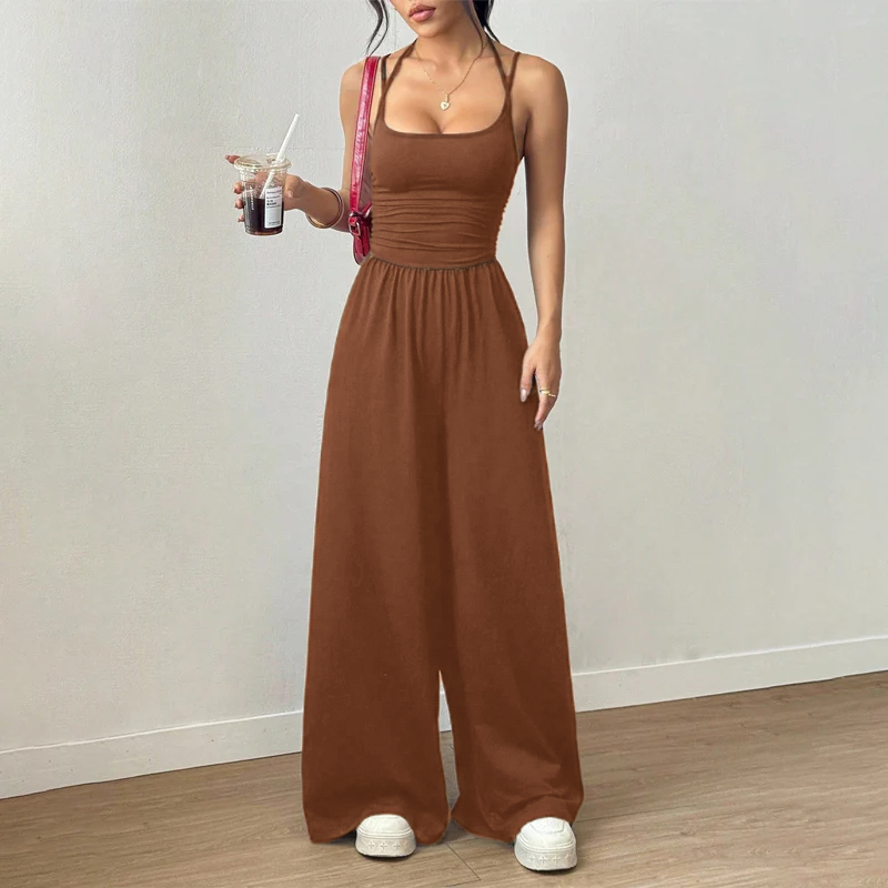 💥50% árcsökkentés 🎁Ingyenes ajándék-📿Gyönyörű nyaklánc🌿 Légáteresztő női együttes✨ Spagetti pántos jumpsuit – Magas derékú, széles szárú és stílusos!