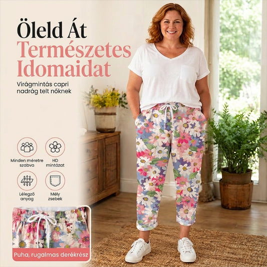 🎉2026-os nyári újdonságok🌸 Virágmintás háromnegyedes nadrág molett nőknek🌿 Laza szabás, lágy esés, bokáig érő hossz!