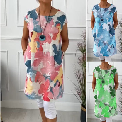 📿Ingyenes rózsa nyaklánc👗🦋 Pillangó nyomtatású laza térdig érő ruha – Élethű digitális nyomtatás, körös nyak, S–3XL-ig! ✨💃