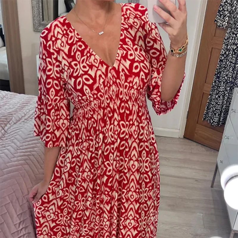 💥50% árcsökkentés📿Ingyenes gyönyörű nyaklánc☀️💃V nyak virágos nyaralás tengerparti ruha laza sokoldalú hosszú szoknya！