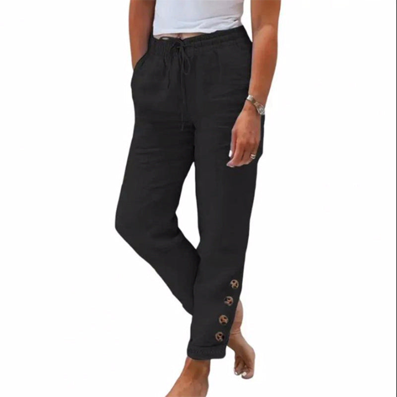 👖 Lélegző női nadrág húzózsinóros derékkal🌿 Stílusos oldalsó gombok + laza szabás!