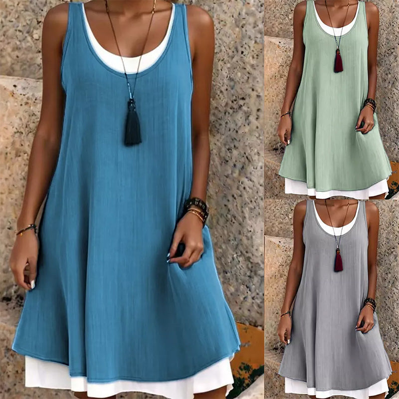 📿Ingyenes rózsa nyaklánc👗✨ Hamis kétrészes ujjatlan ruha – Stílusos rétegeffektus, laza szabás, 4 színben! 💫🌸