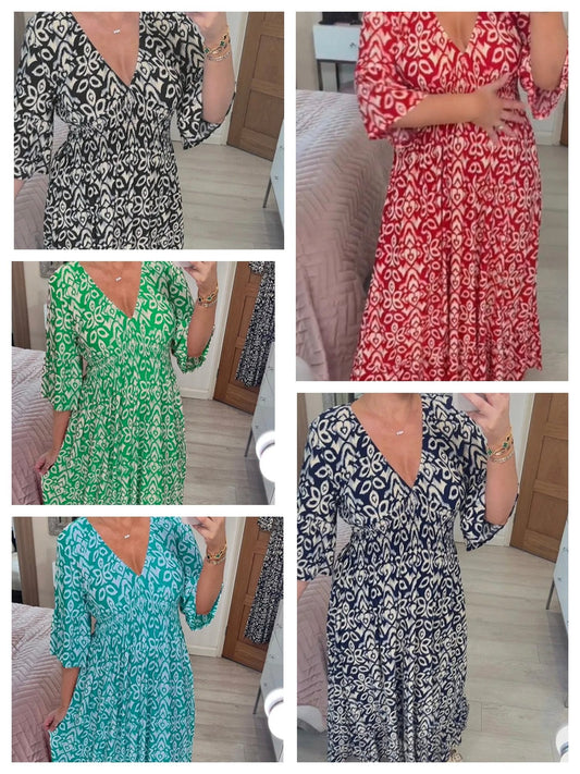 💥50% árcsökkentés📿Ingyenes gyönyörű nyaklánc☀️💃V nyak virágos nyaralás tengerparti ruha laza sokoldalú hosszú szoknya！