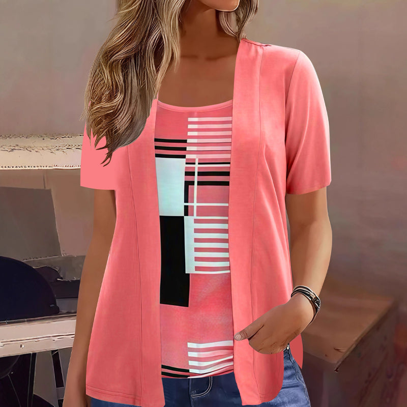 👚✨ Modern geometrikus mintás felső – Laza réteges hatás, selymes tapintás, XL–5XL-ig! 🌟💃