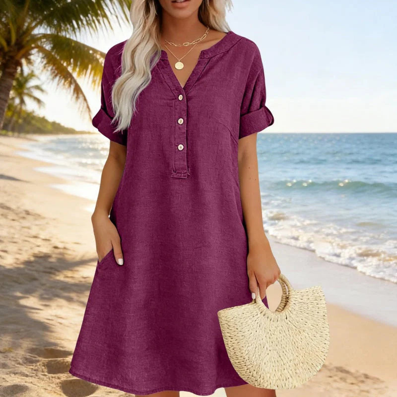 🎁📿Ingyenes gyönyörű nyaklánc🏖️AKCIÓ: 50% KEDVEZMÉNY! 👗 Női V-nyakú tunika ruha – laza szabás, zsebekkel és lélegző anyagból！