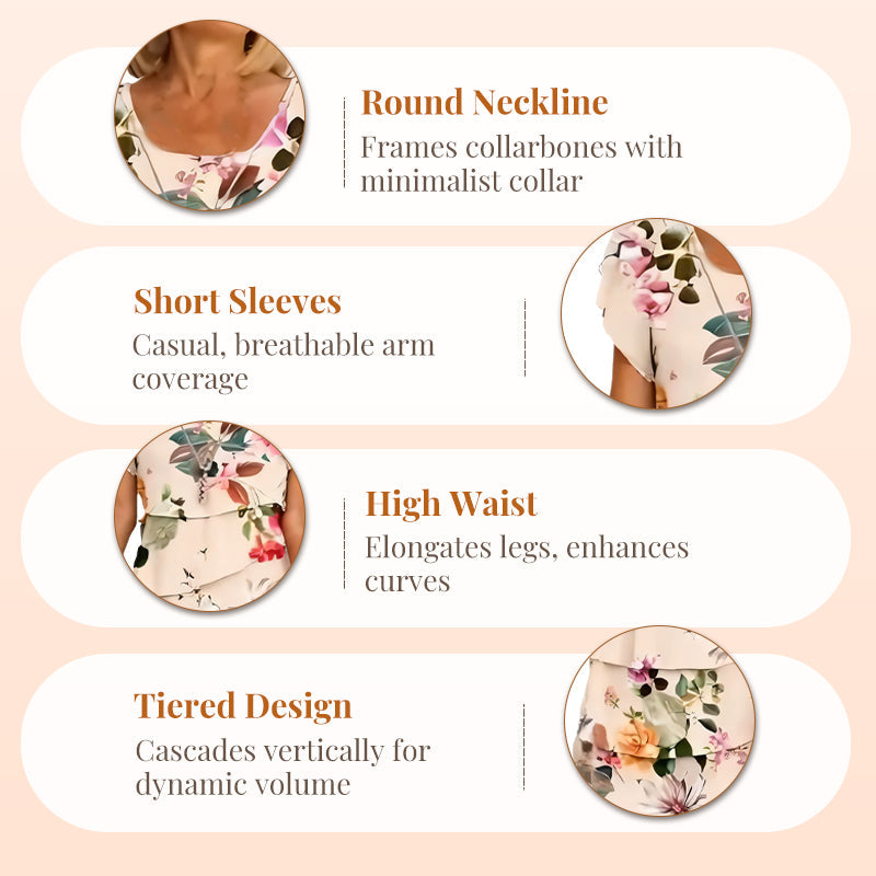 📿Ingyenes rózsa nyaklánc👗🌸 Réteges, magas derekú rövid ujjú ruha – Prémium kevert anyag, lélegző, gyűrődésálló, S–5XL-ig! ✨💃