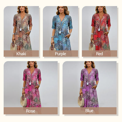 👗🌸 V-nyakú lenvászon+pamut ruha – Élénk nyomtatás, kényelmes szabás, S–3XL-ig! ✨💫