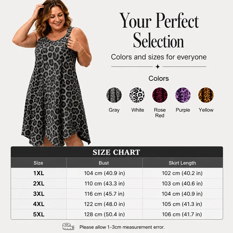 👗🐆 Leopard mintás plus size ruha – Ujjatlan, szabálytalan szegéllyel, laza szabással, 1XL–5XL-ig! ✨💃