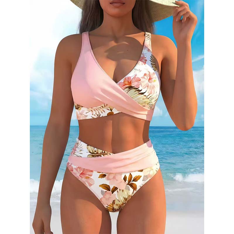 🎁Ingyenes ajándék -📿Gyönyörű nyaklánc👙 Körbeölelő felső V-kivágással + magas derekú alsó🌸 Élénk virágminták + kivehető párnázott betétek！