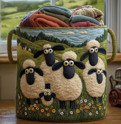 🧺 100%-ban kézzel készített, steppelt kosár – 3D-s birkás kert témájú design – Extra nagy kapacitás, összecsukható – Rusztikus, cottagecore stílusba tökéletes🐑