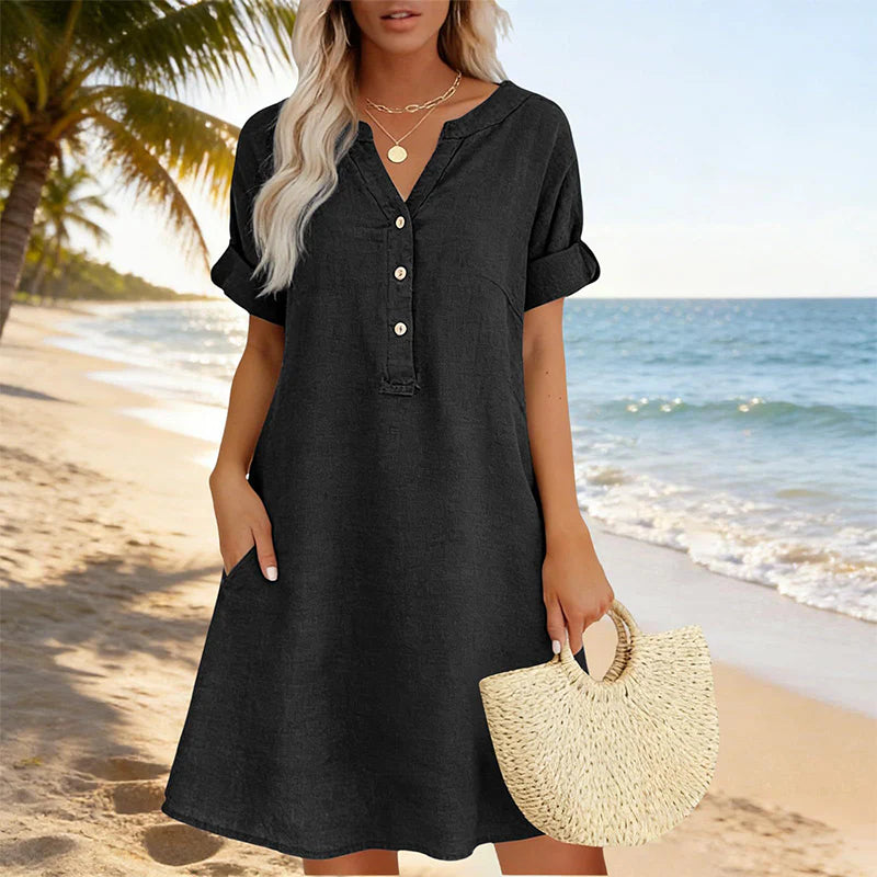 🎁📿Ingyenes gyönyörű nyaklánc🏖️AKCIÓ: 50% KEDVEZMÉNY! 👗 Női V-nyakú tunika ruha – laza szabás, zsebekkel és lélegző anyagból！