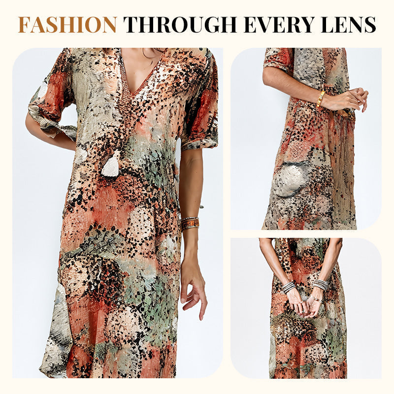 👗🌸 V-nyakú lenvászon+pamut ruha – Élénk nyomtatás, kényelmes szabás, S–3XL-ig! ✨💫
