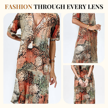 👗🌸 V-nyakú lenvászon+pamut ruha – Élénk nyomtatás, kényelmes szabás, S–3XL-ig! ✨💫