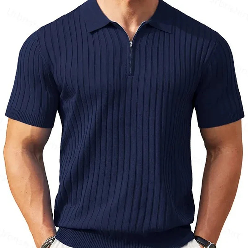 🎁Ingyenes ajándék-📿Gyönyörű karkötő✨ Bordás kötött prémium felső👕 Sportos sziluettű férfi póló – Állítható gallér + negyedzipper, sokoldalú mindennapokra!