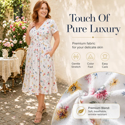 🎁Ingyenes gyönyörű nyaklánc👗🌸 Virágmintás midi ruha– V-nyak, crossover elöl, elegáns drapírozás – Oldalzsebekkel, puha és légáteresztő anyagból 🌿✨