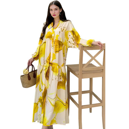 🎁Ingyenes ajándék🌸 Virágmintás maxi ruha✨ V-nyakú rétegelt ruha – Strandról estélyi eseményeken is tökéletes!