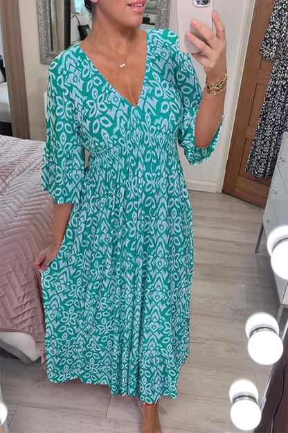 💥50% árcsökkentés📿Ingyenes gyönyörű nyaklánc☀️💃V nyak virágos nyaralás tengerparti ruha laza sokoldalú hosszú szoknya！
