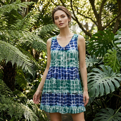🌿💃 Lágy, lélegző anyagú tie-dye ruha – Elegáns V-nyakkivágás, laza szabás, maximális kényelem! 🛍️🌟