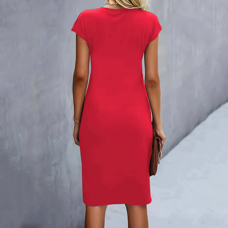 🎁Ingyenes ajándék📿Gyönyörű nyaklánc 👗Környakú rövid ujjú midi ruha✨Egyszínű prémium női ruha – Puha poliészter anyag S–2XL méretekben több divatos árnyalatban!