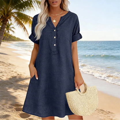 🎁📿Ingyenes gyönyörű nyaklánc🏖️AKCIÓ: 50% KEDVEZMÉNY! 👗 Női V-nyakú tunika ruha – laza szabás, zsebekkel és lélegző anyagból！