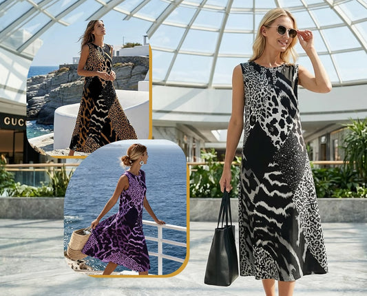 🎁⏰Az utolsó 50 darab🔥Leopárdmintás patchwork midi ruha🐆Nyári egyedi leopárd ruha színblokkos dizájnnal – Légáteresztő anyag S–3XL méretben!