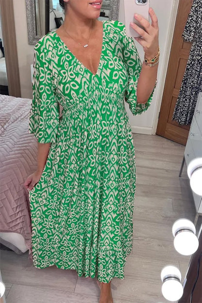 💥50% árcsökkentés📿Ingyenes gyönyörű nyaklánc☀️💃V nyak virágos nyaralás tengerparti ruha laza sokoldalú hosszú szoknya！