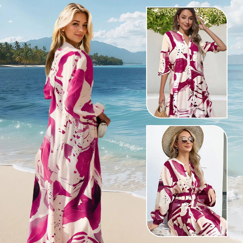 🎁Ingyenes ajándék🌸 Virágmintás maxi ruha✨ V-nyakú rétegelt ruha – Strandról estélyi eseményeken is tökéletes!