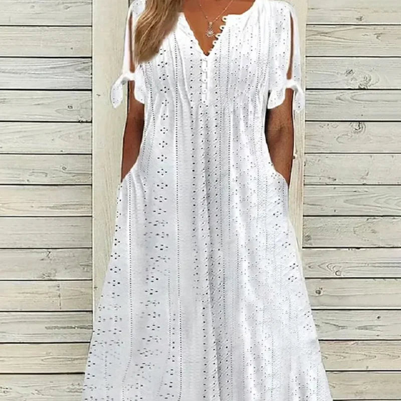 🎁Ingyenes gyönyörű nyaklánc👗 V-nyakú mintás női ruha 💨 Légáteresztő nyári ruha!