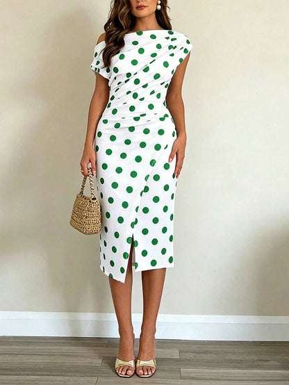 👗🌸 Aszimmetrikus nyakkivágású polka-dot midi ruha – Elegáns hasítékkal, alakkövető szabással, S–2XL-ig! ✨💫