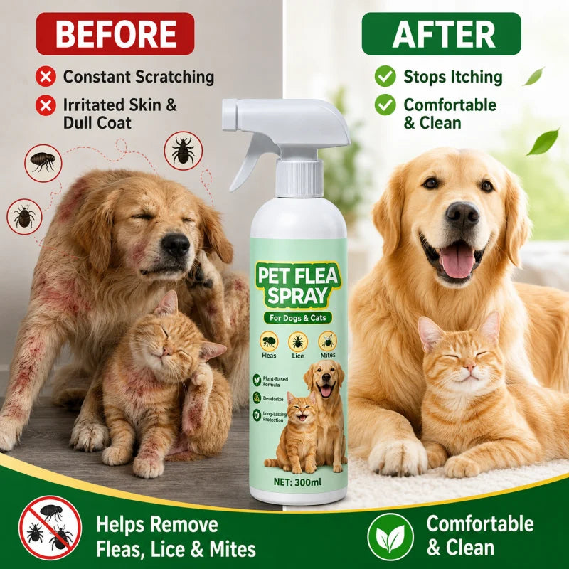 🐕🌿 3 az 1-ben bolha- és atkairtó spray – Növényi összetétel, hosszú távú védelem, 300 ml! 🐱✨