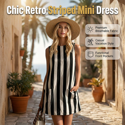 💥🎉50% árcsökkentés👗 Sikk csíkos retro miniruha🍃 Kiváló minőségű, légáteresztő anyagkeverék🌊 Laza, előnyös szabás💃