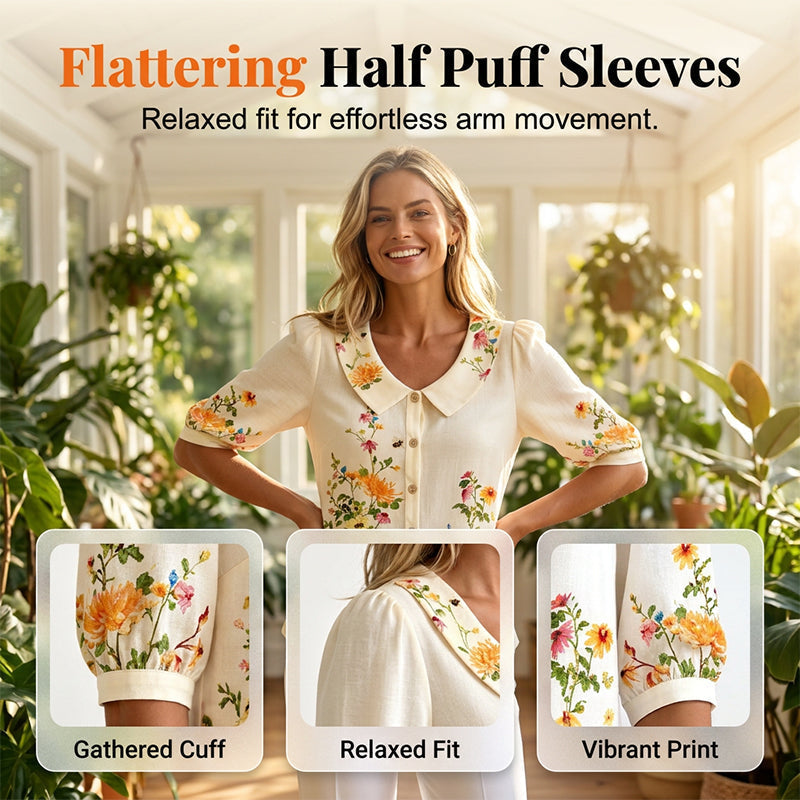 🌸 Virágmintás női blúz👚 Galléros félhosszú ujjú felső– Vintage stílus, széles méretválaszték!