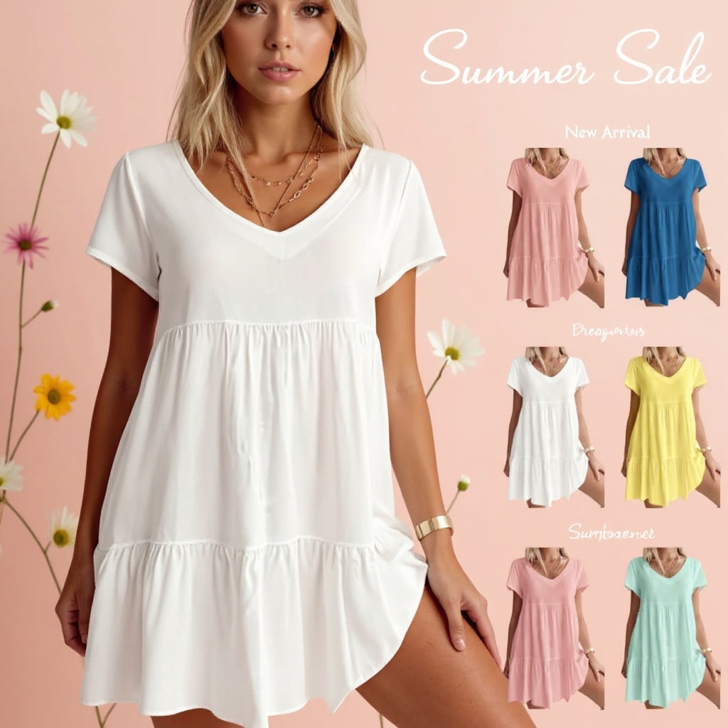 📿Ingyenes nyaklánc👗🌸 V-nyakú réteges ruha – Puha, légáteresztő, laza szabás, 6 színben, S–3XL-ig! ✨💃