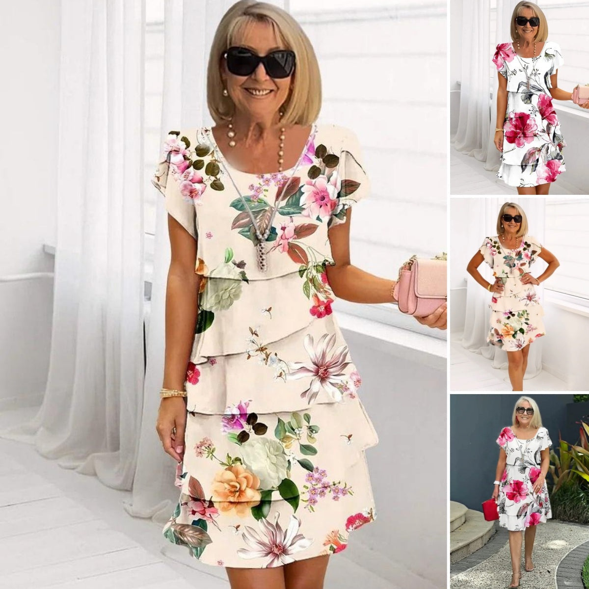 📿Ingyenes rózsa nyaklánc👗🌸 Réteges, magas derekú rövid ujjú ruha – Prémium kevert anyag, lélegző, gyűrődésálló, S–5XL-ig! ✨💃