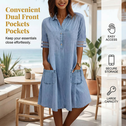 🎁Ingyenes ajándék -📿Gyönyörű nyaklánc✨ Divatos farmer ruha praktikus zsebekkel👖 Légáteresztő denim A-vonalú ruha – Hálós félhosszú ujjakkal, nőies karcsúsító szabás!