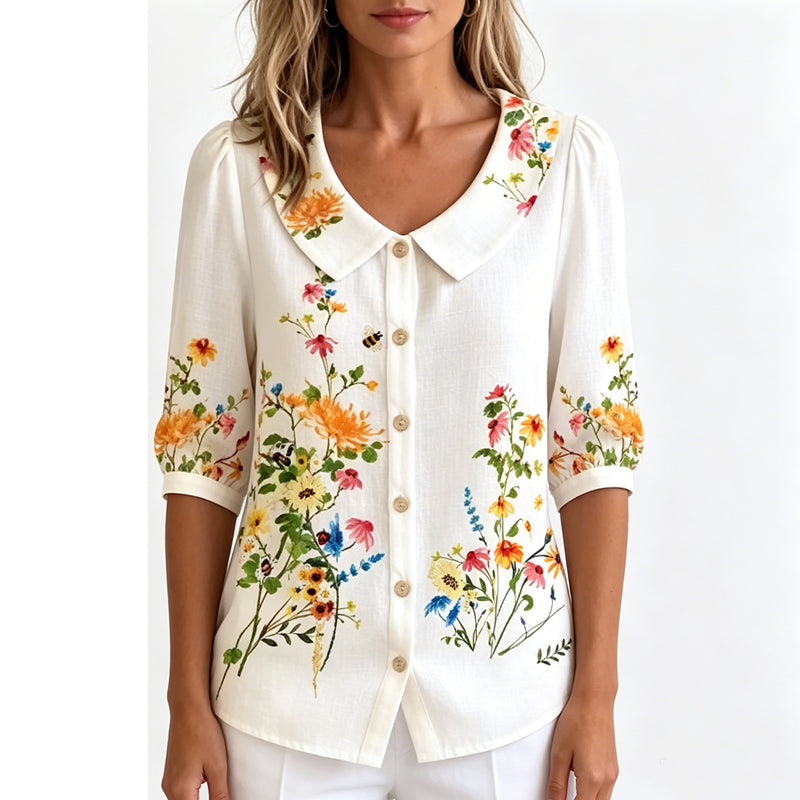 🌸 Virágmintás női blúz👚 Galléros félhosszú ujjú felső– Vintage stílus, széles méretválaszték!